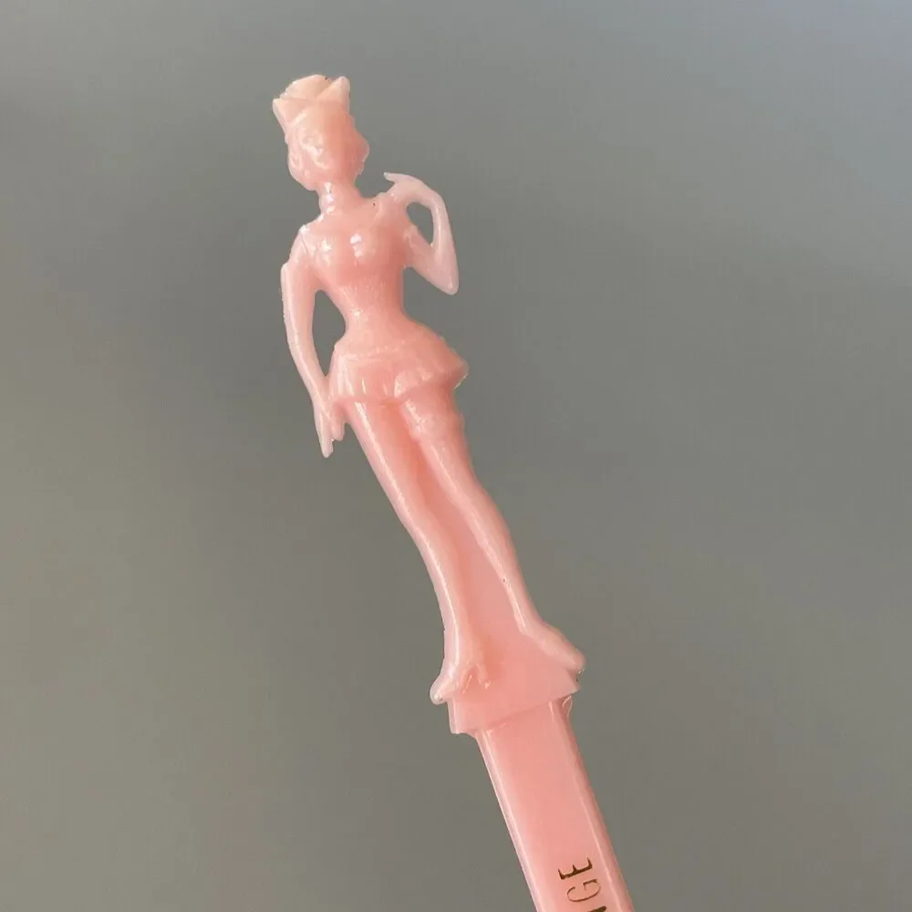 Vintage Figural Lady SHERATON-RITZ HOTEL Pastel Pink Swizzle Stir Stick HTF Rare